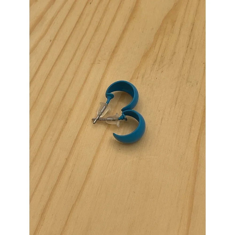 Vtg 80s Blue Matte Chunky Hoop Earrings Retro Mod C-Shape Studs